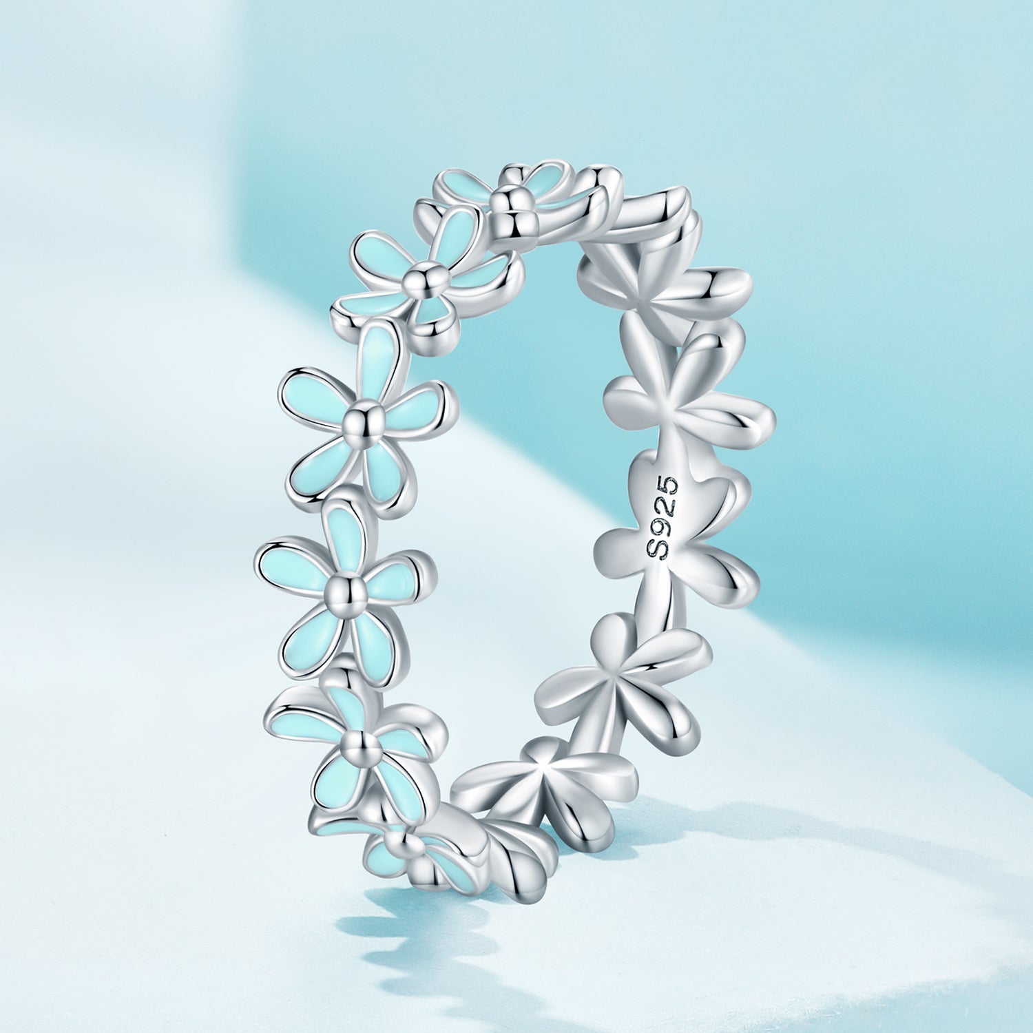 "Sylvory 925 Sterling Silver Iris Blue Floral Ring"