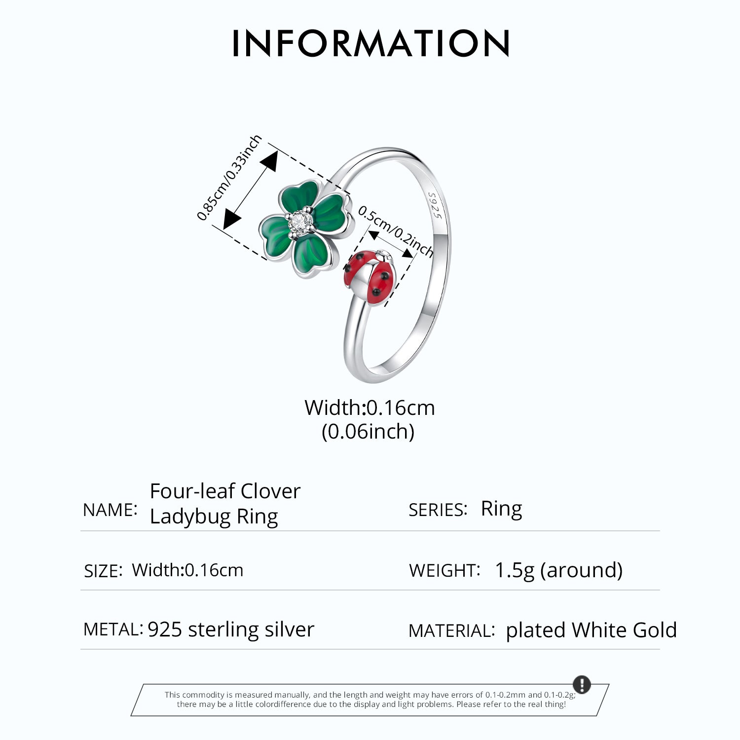 Sylvory 925 Sterling Silver Lucky Leaf Ladybug Ring