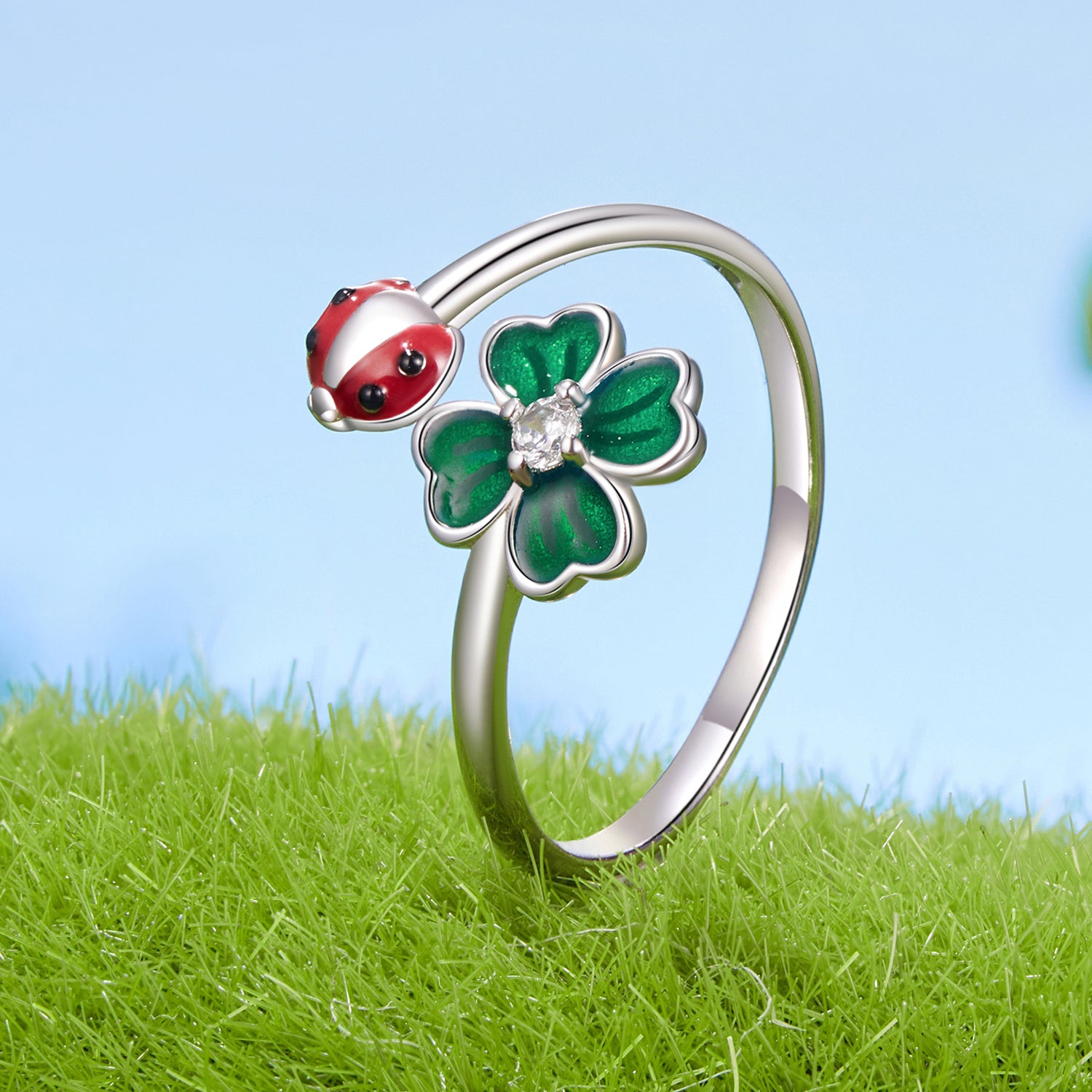 Sylvory 925 Sterling Silver Lucky Leaf Ladybug Ring