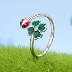 Sylvory 925 Sterling Silver Lucky Leaf Ladybug Ring