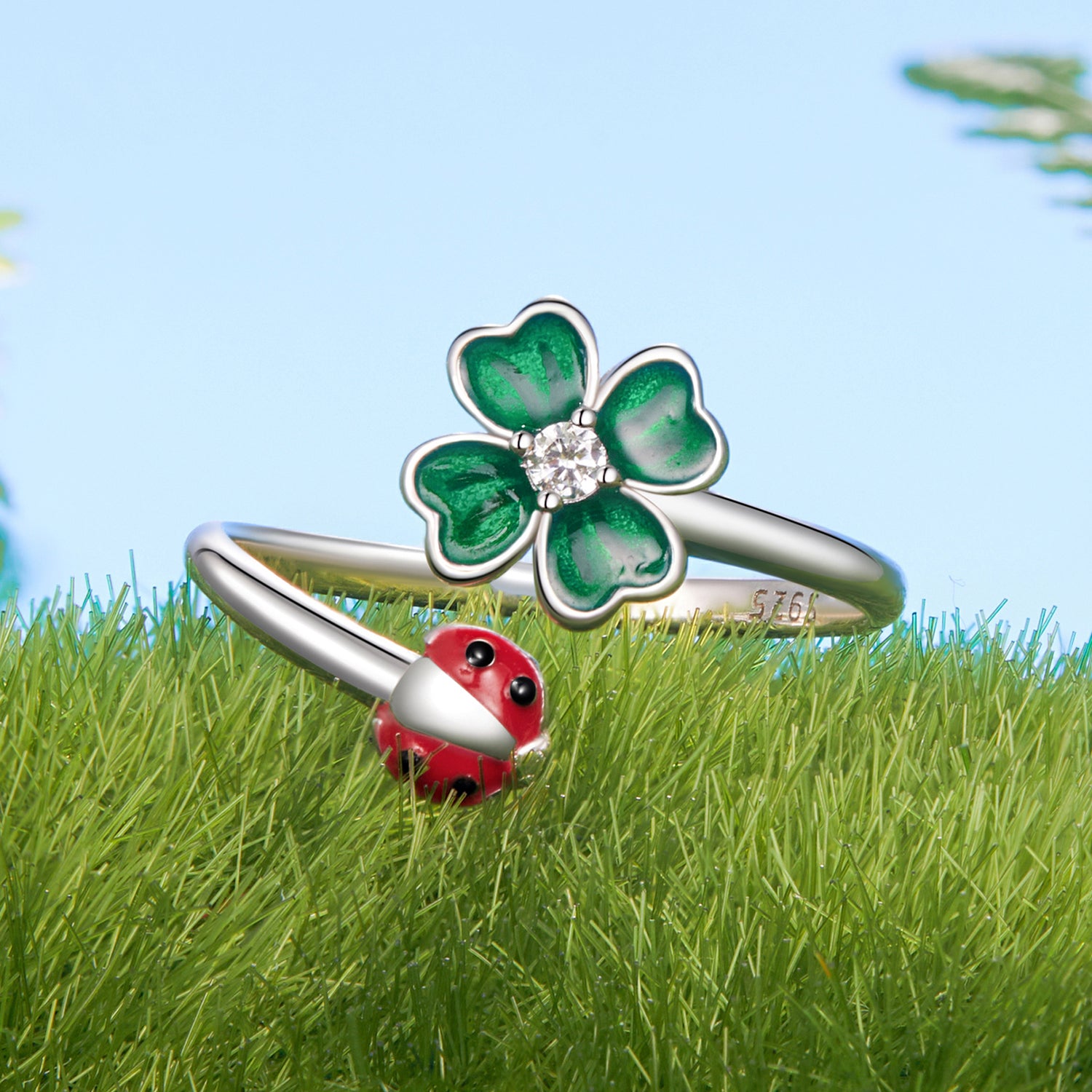 Sylvory 925 Sterling Silver Lucky Leaf Ladybug Ring