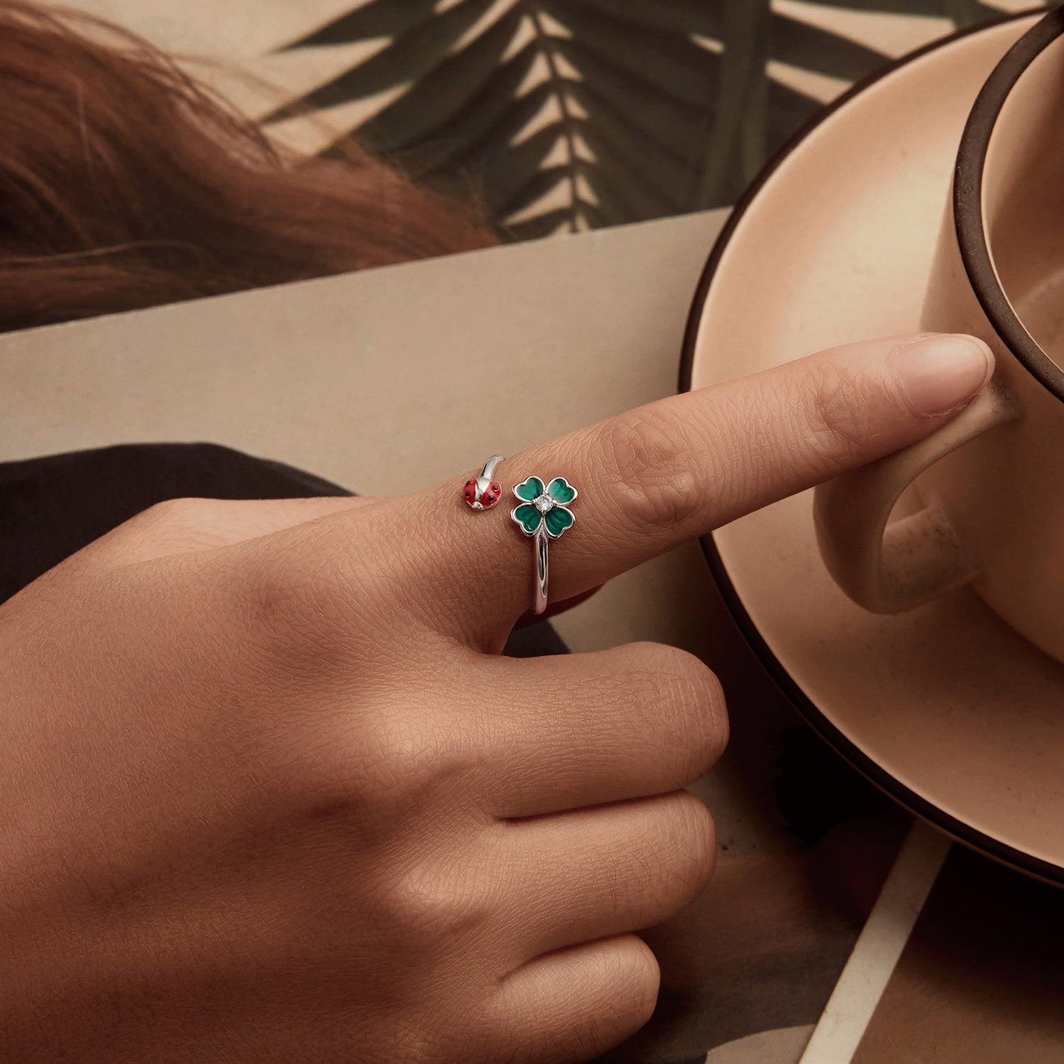 Sylvory 925 Sterling Silver Lucky Leaf Ladybug Ring