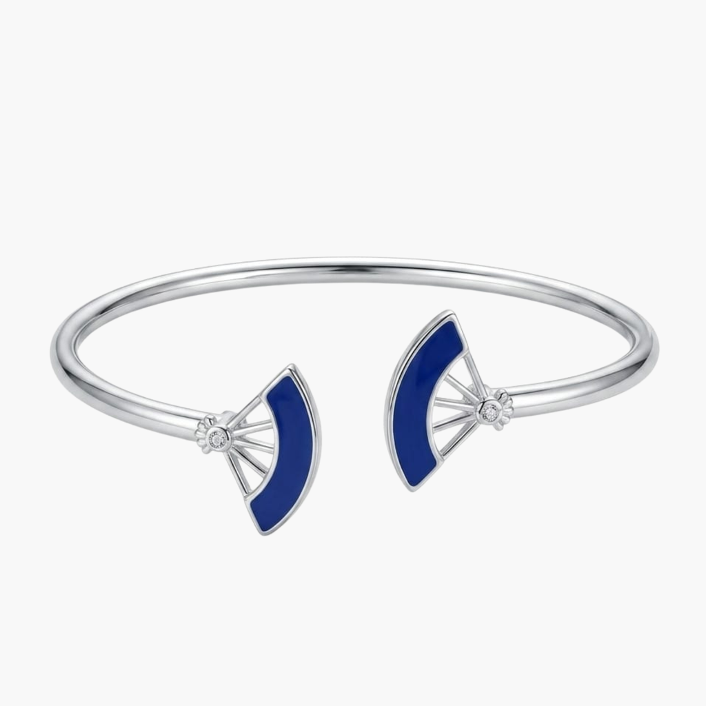 Silver Blue Enamel Floral Open Bangle