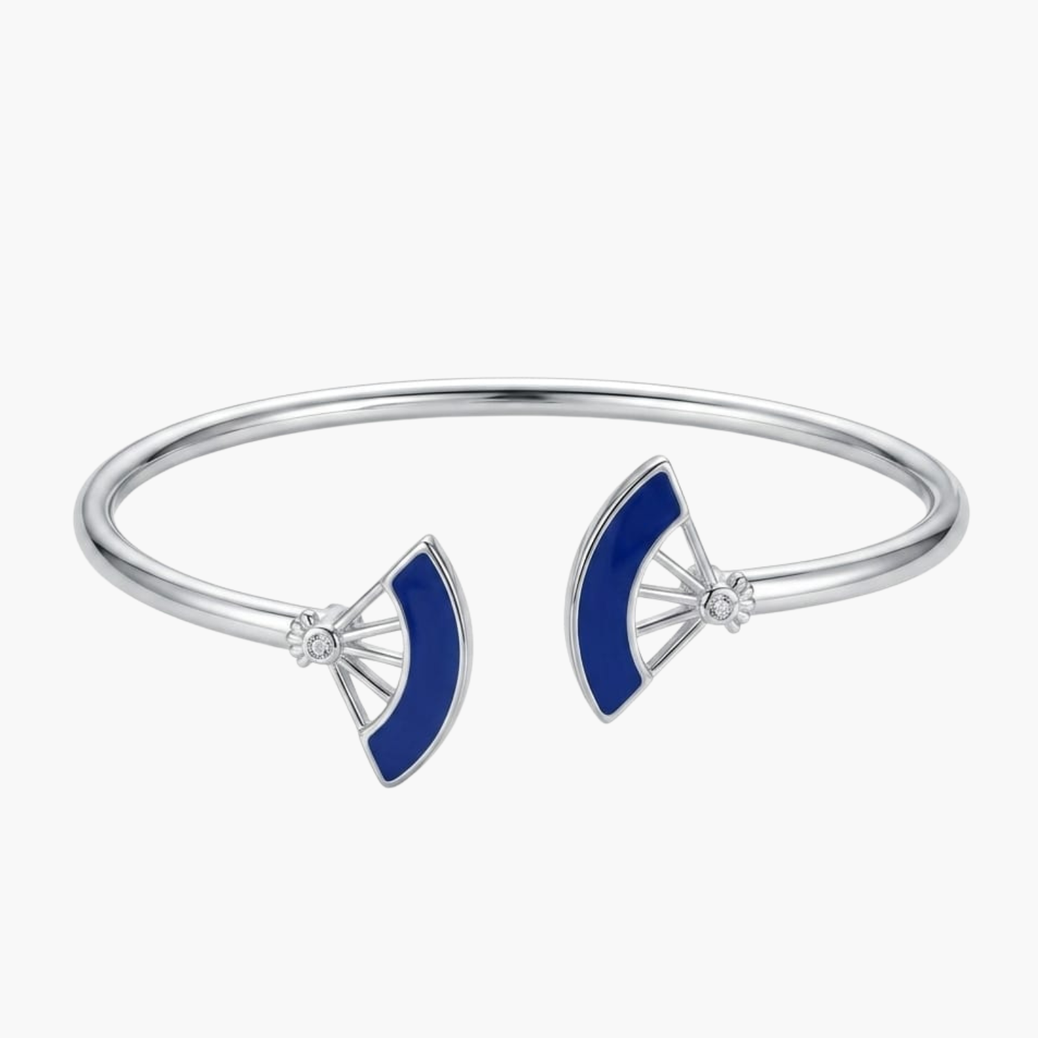 Silver Blue Enamel Floral Open Bangle