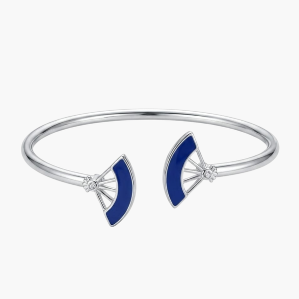 Silver Blue Enamel Floral Open Bangle in 925 Sterling Silver by Sylvory