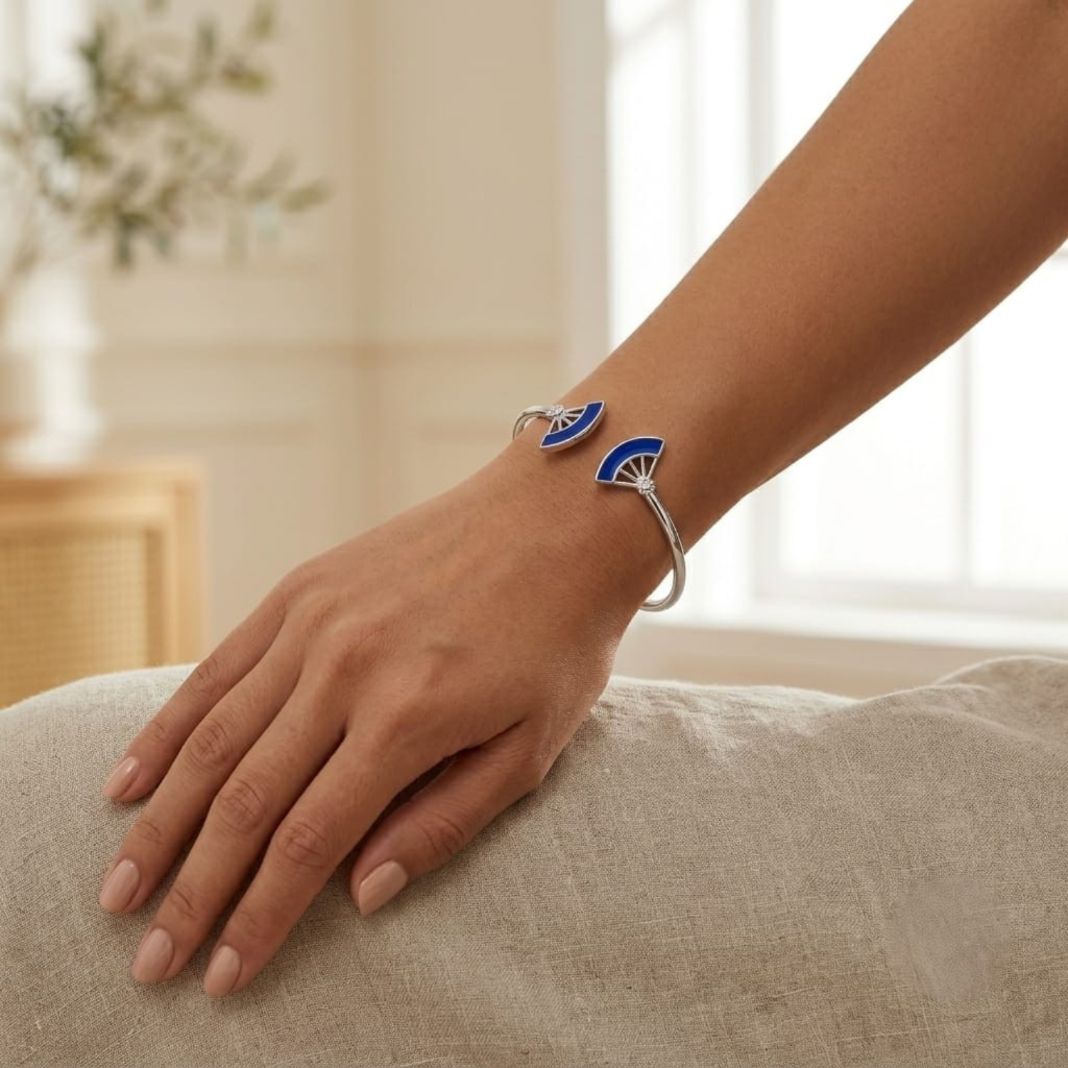 Silver Blue Enamel Floral Open Bangle