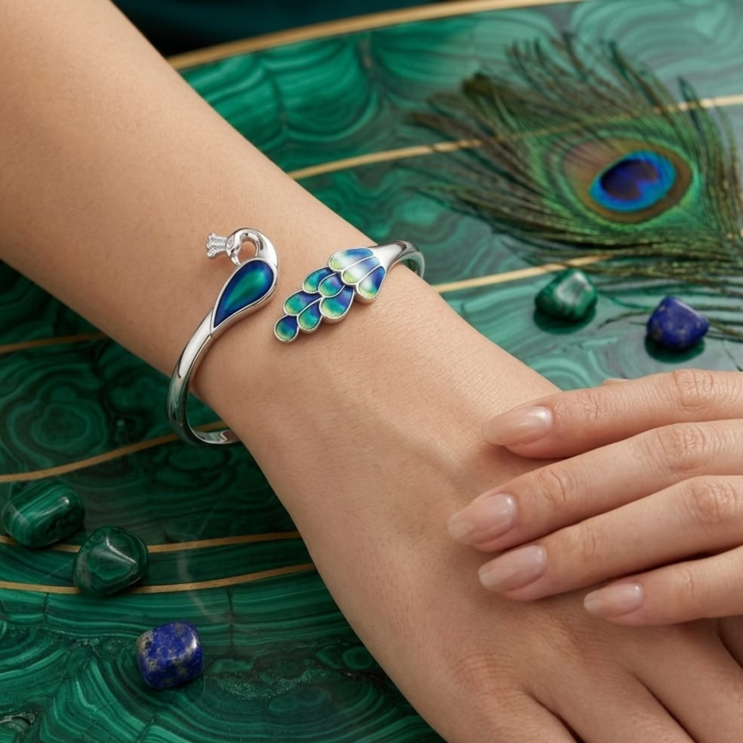 Silver Peacock Grace Enamel Bangle Secondary image