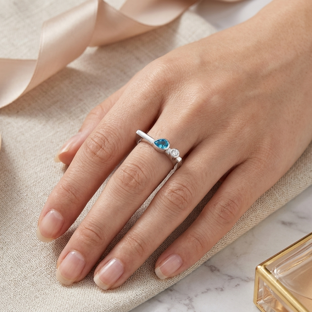 Silver Blue Pear Stackable Ring
