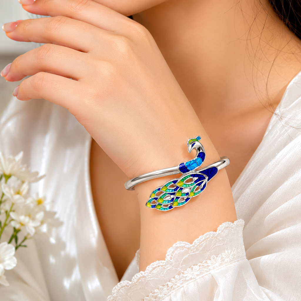 Silver Royal Peacock Enamel Bangle