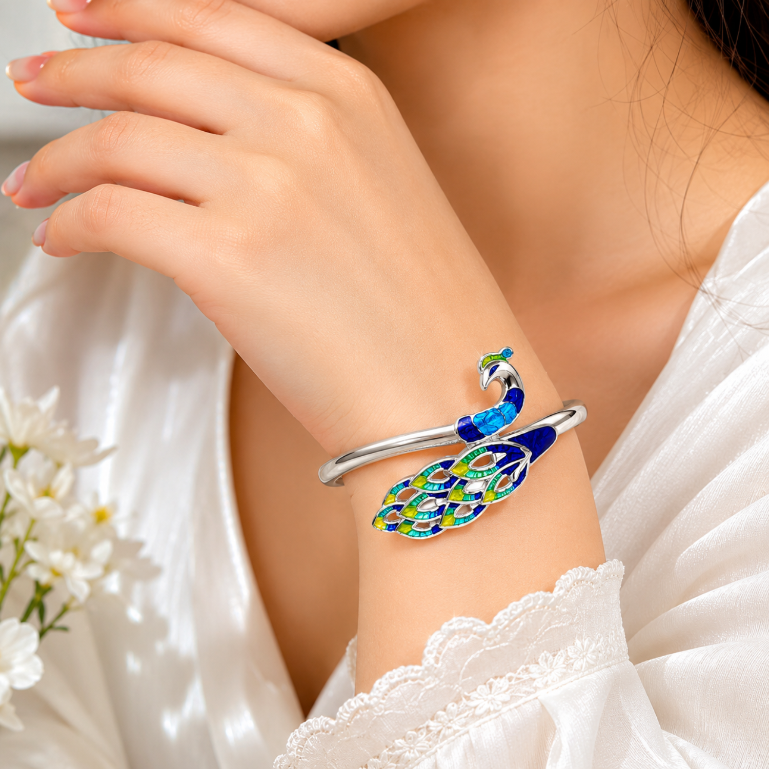 Silver Royal Peacock Enamel Bangle