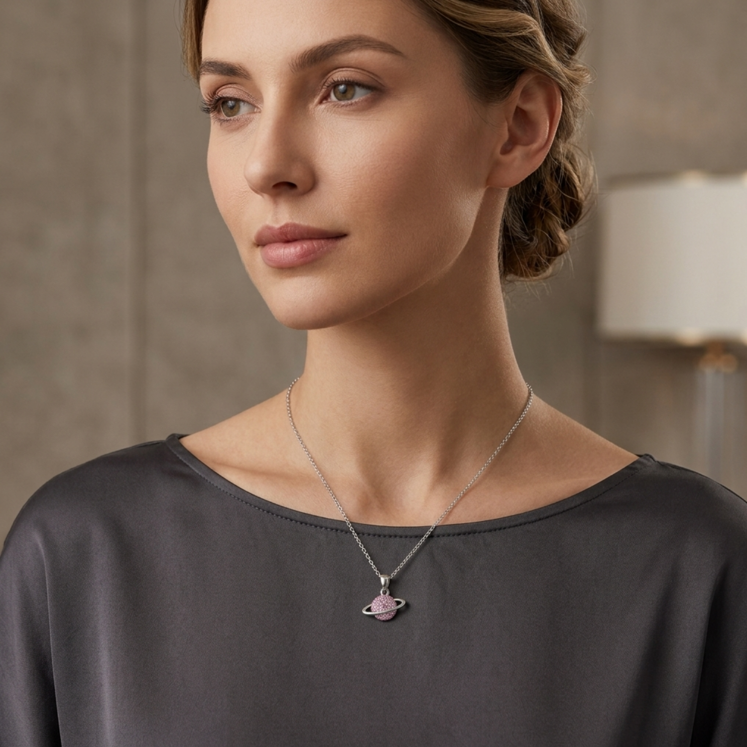 Silver Pink Planet Necklace