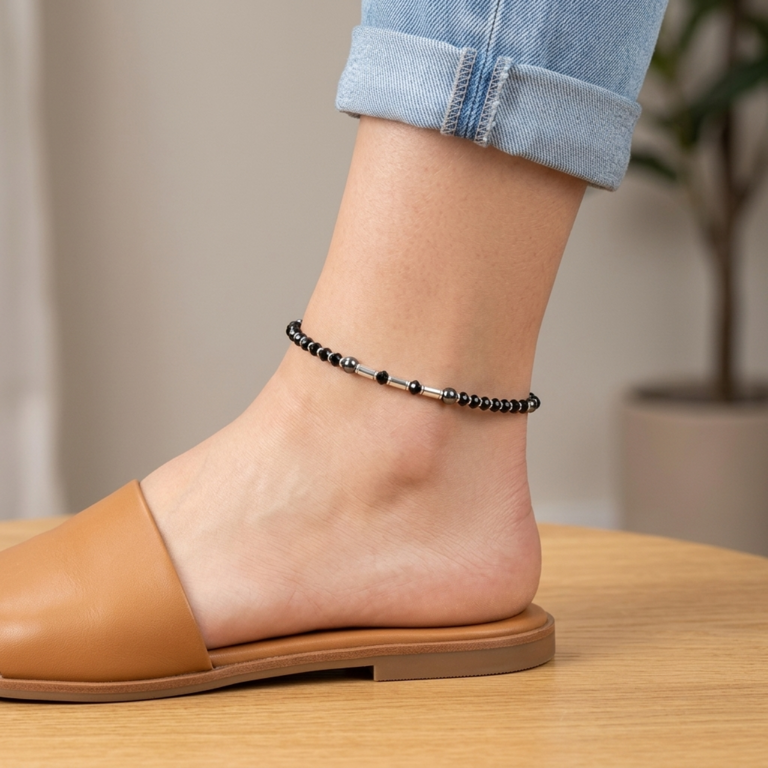 Silver Black & White Beaded Nazariya Anklet Secondary image
