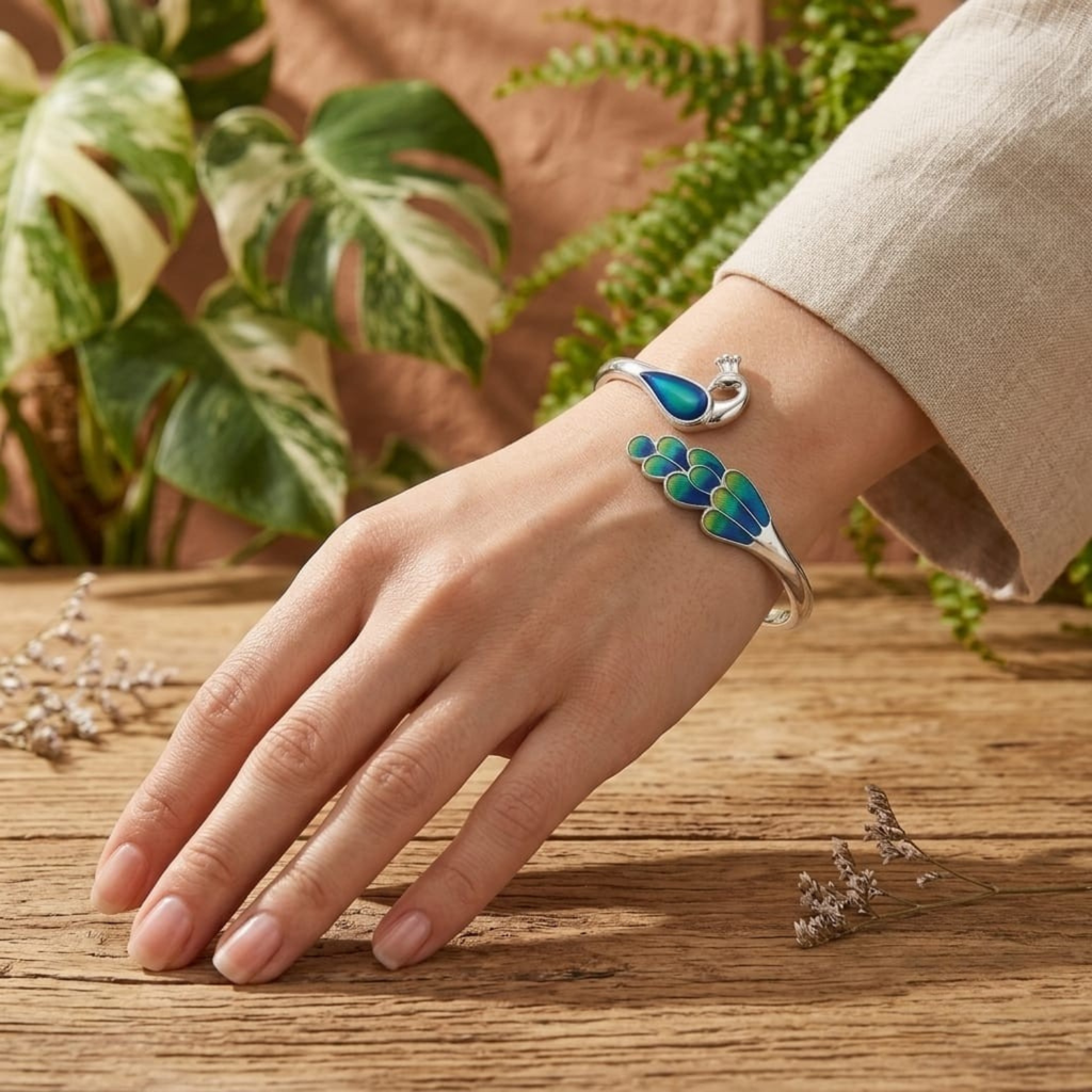 Silver Peacock Grace Enamel Bangle