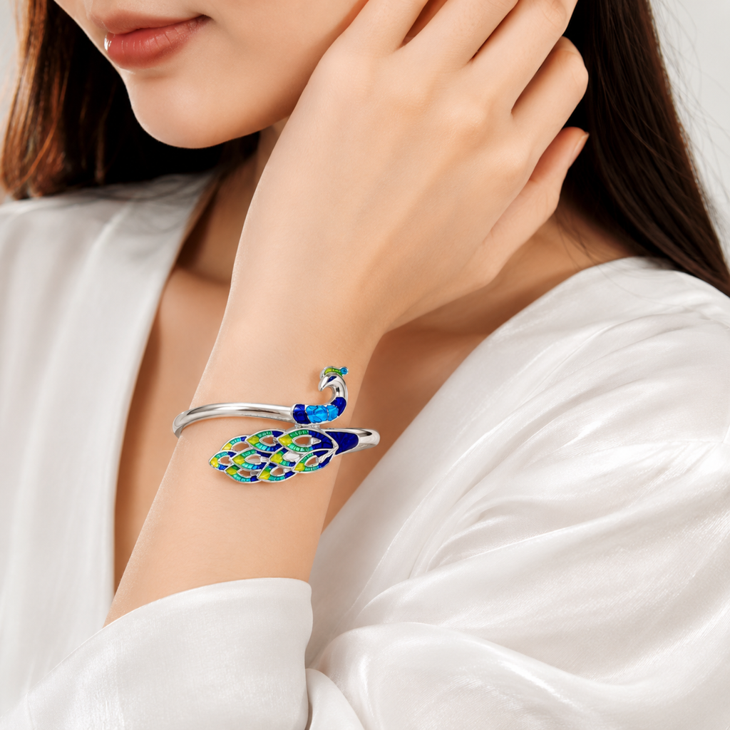 Silver Royal Peacock Enamel Bangle