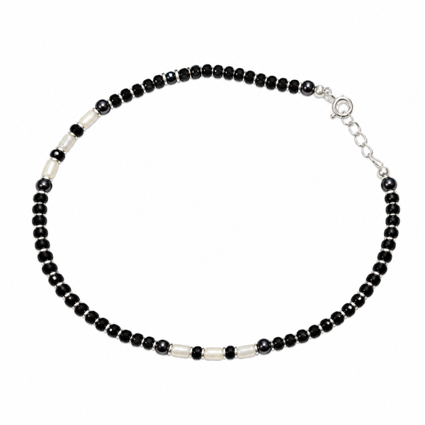 Silver Black & White Beaded Nazariya Anklet