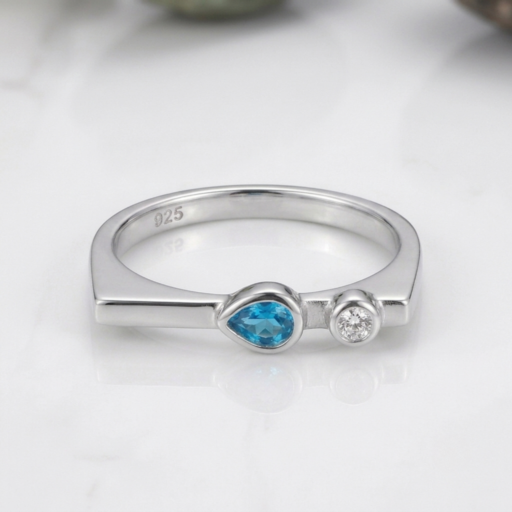 Silver Blue Pear Stackable Ring
