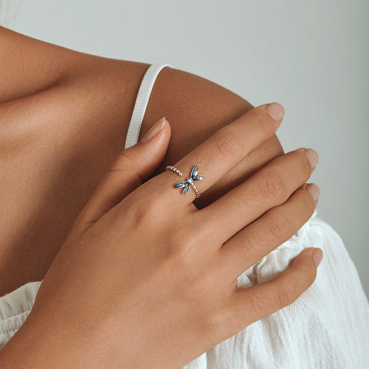 "Sylvory 925 Sterling Silver Driftwood Dragonfly Ring"