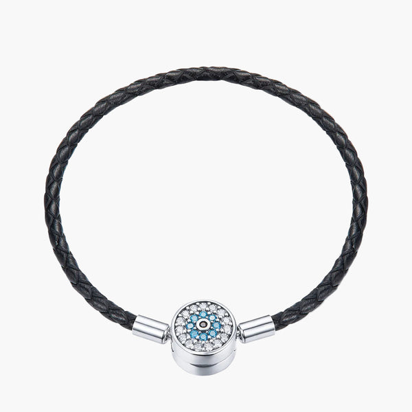 Silver Evil Eye Guardian Leather Charm Keeper Bracelet in 925 Sterling Silver by Sylvory