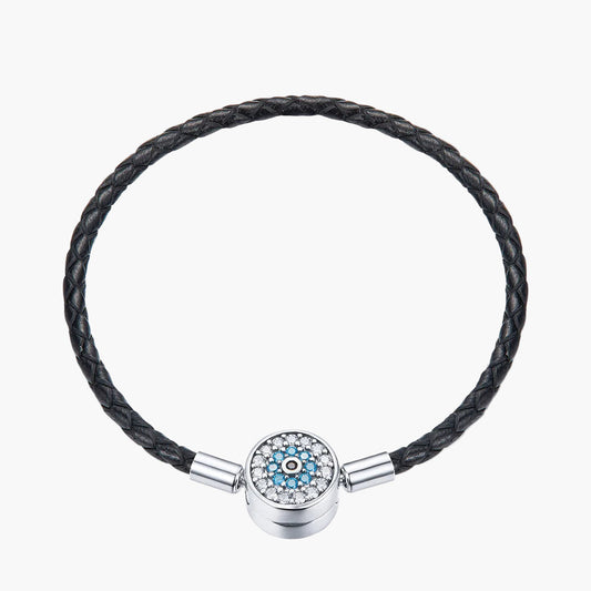 "Sylvory 925 Sterling Silver Evil Eye Guardian Leather Charm Keeper Bracelet"
