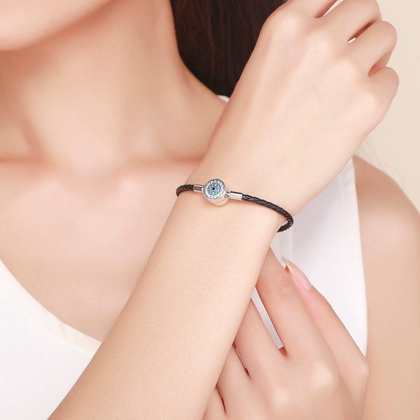 "Sylvory 925 Sterling Silver Evil Eye Guardian Leather Charm Keeper Bracelet"