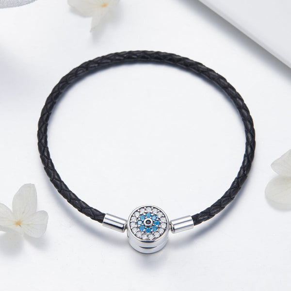 "Sylvory 925 Sterling Silver Evil Eye Guardian Leather Charm Keeper Bracelet"