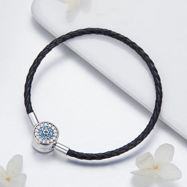 "Sylvory 925 Sterling Silver Evil Eye Guardian Leather Charm Keeper Bracelet"