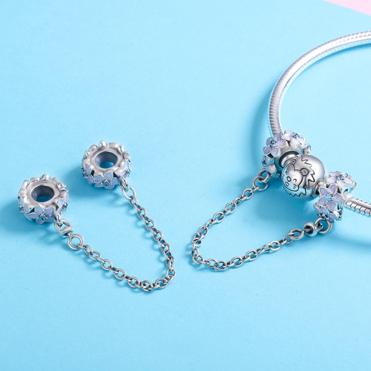 "Sylvory 925 Sterling Silver Floral Guardian Safety Chain Charm"