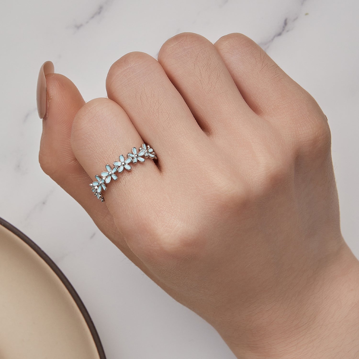 "Sylvory 925 Sterling Silver Iris Blue Floral Ring"