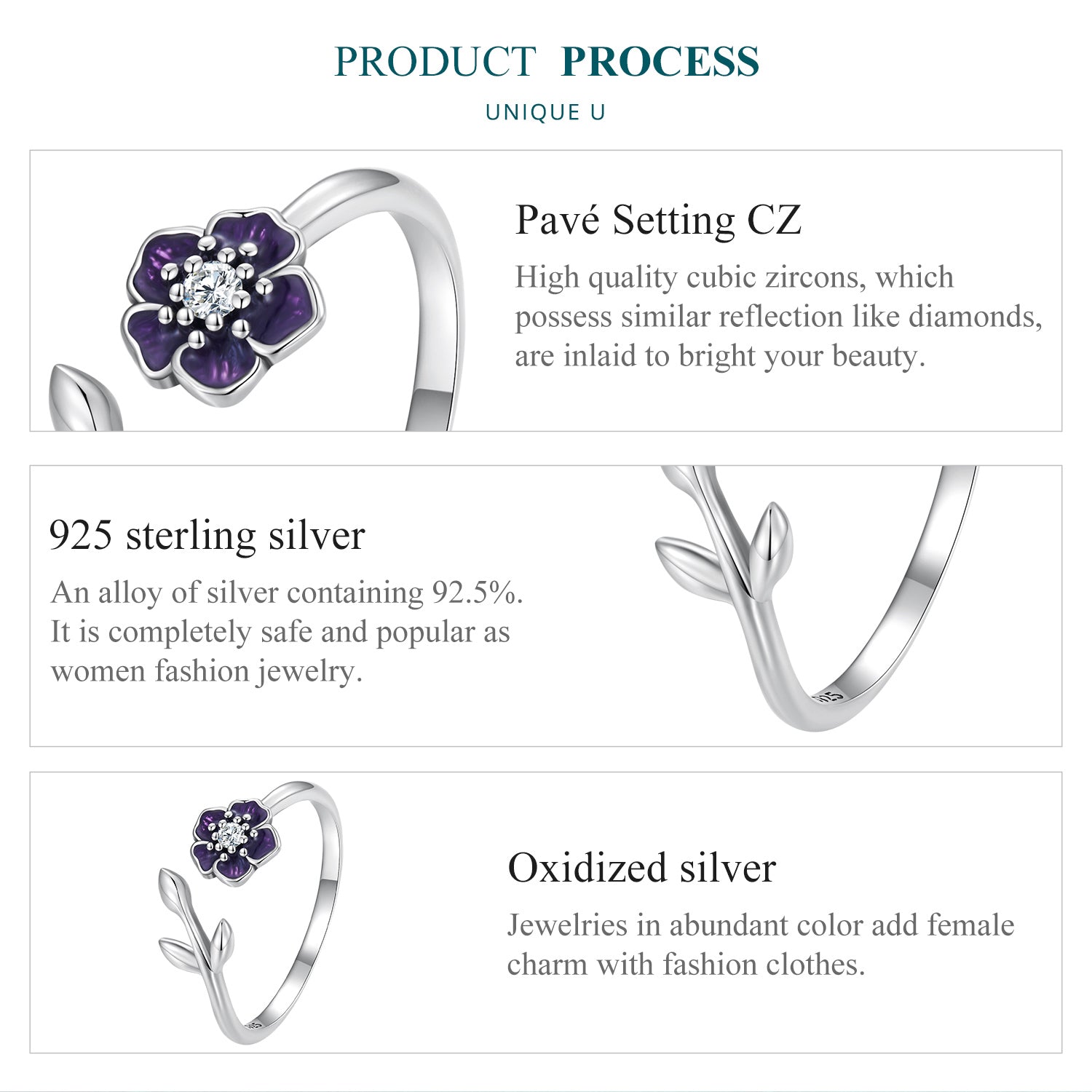 "Sylvory 925 Sterling Silver Lavender Blooms Ring"