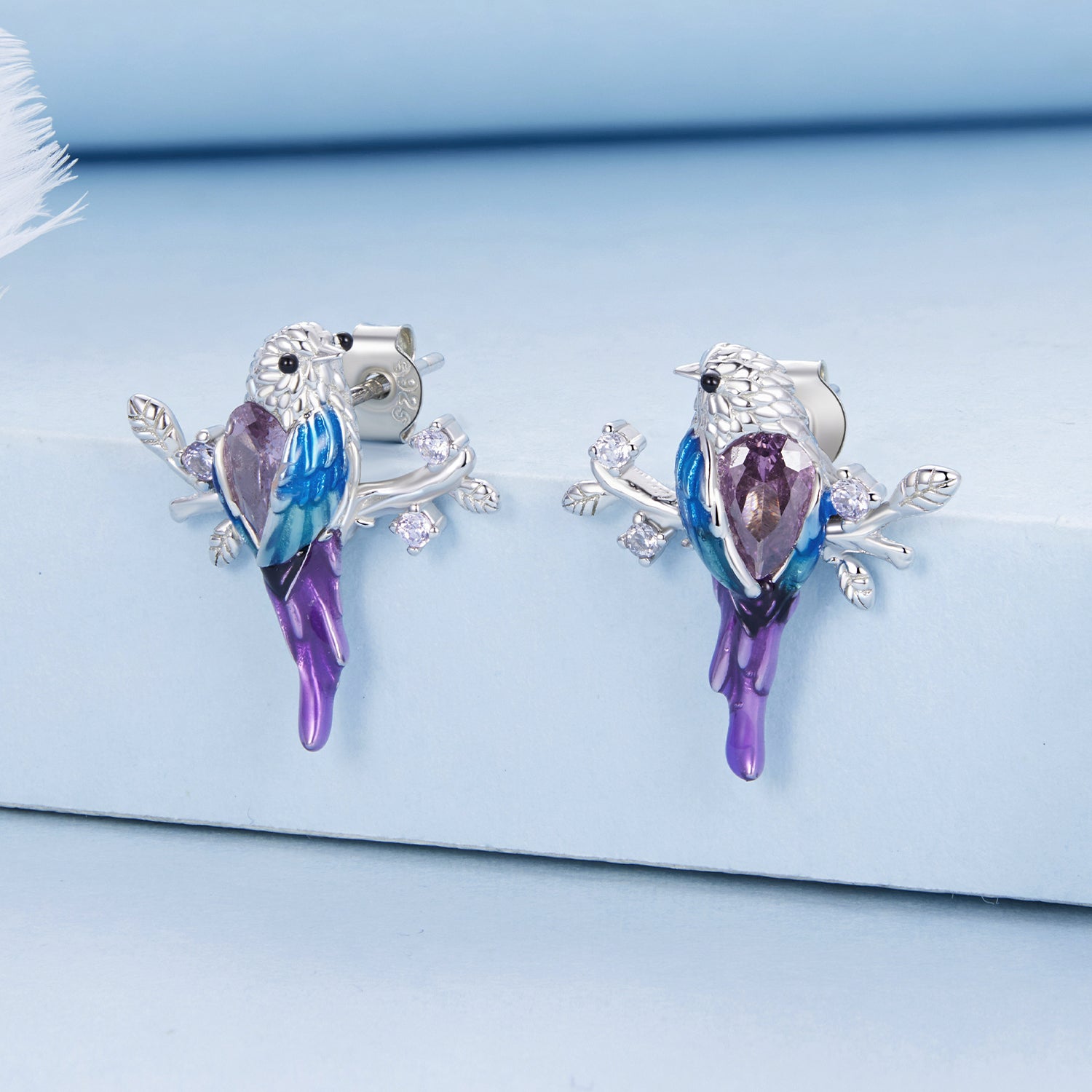 "Sylvory 925 Sterling Silver Perched Songbird Studs"