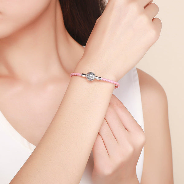 "Sylvory 925 Sterling Silver Rose Leather Charm Keeper Bracelet"