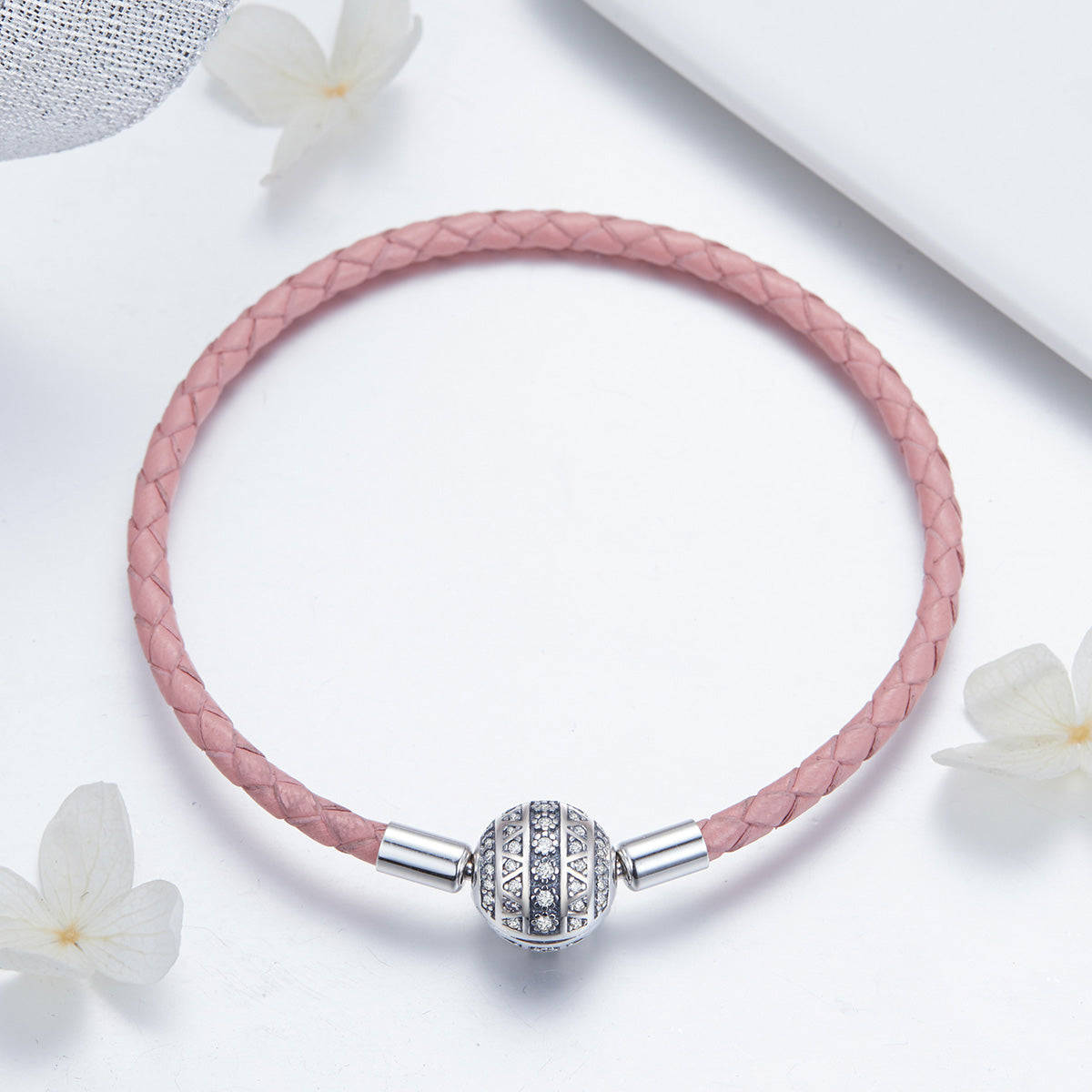 "Sylvory 925 Sterling Silver Rose Leather Charm Keeper Bracelet"