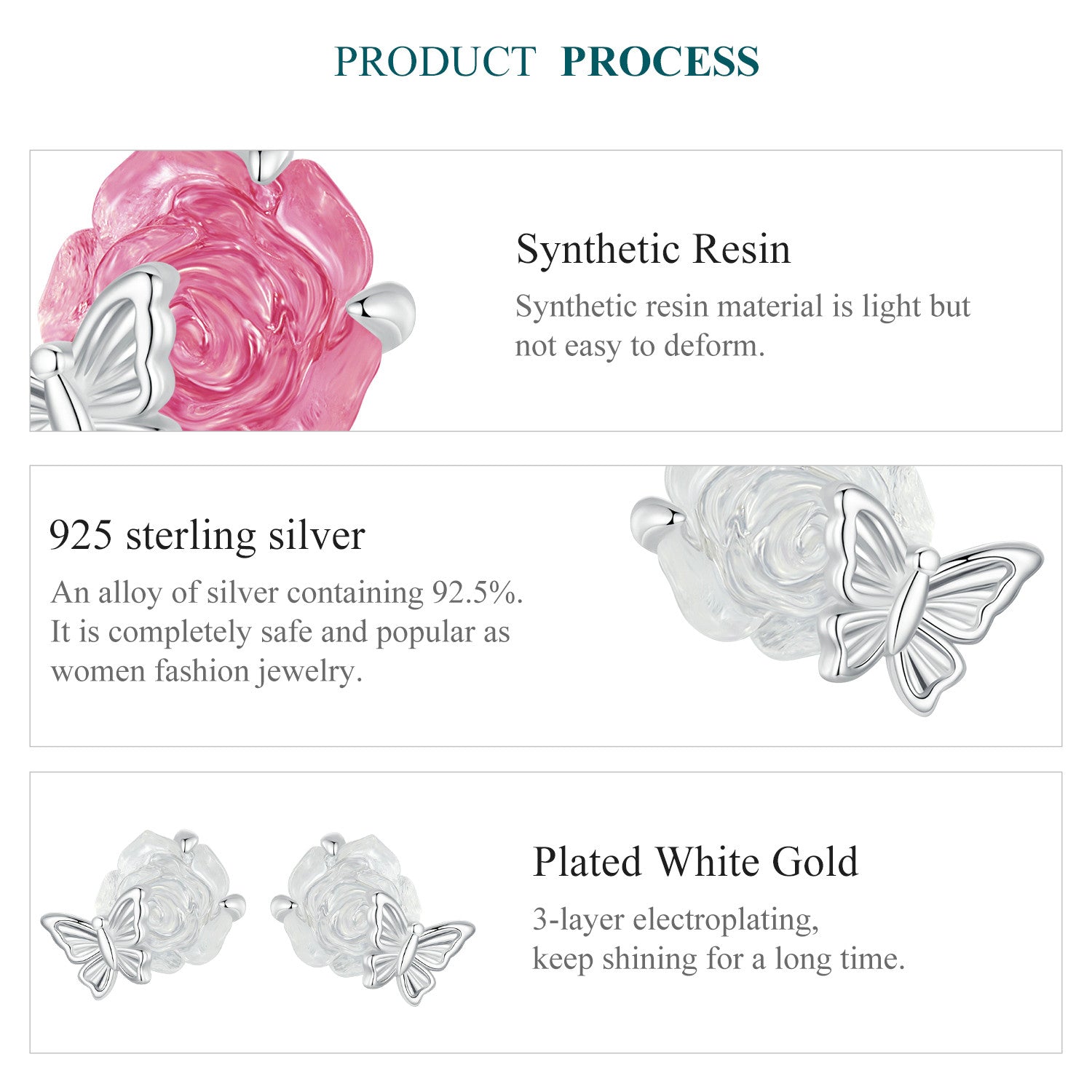 Sylvory 925 Sterling Silver Rose UV Magic Studs