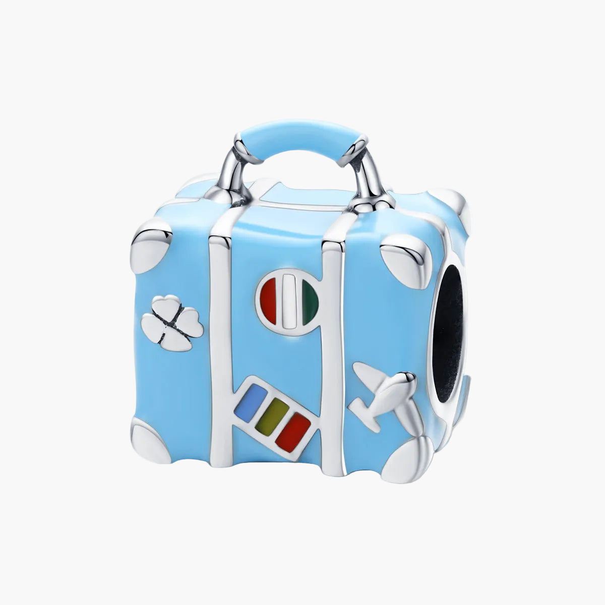 Blue suitcase charm with airplane and flag design on a white background Main image