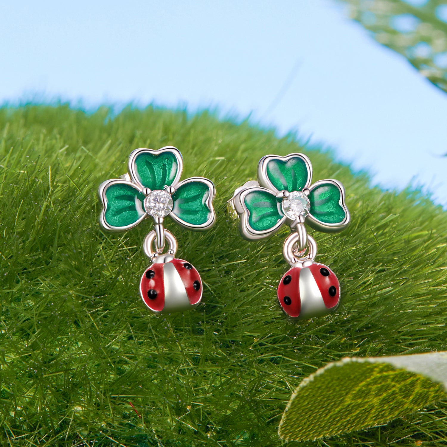 Sylvory 925 Sterling Silver Leaf Ladybug Studs