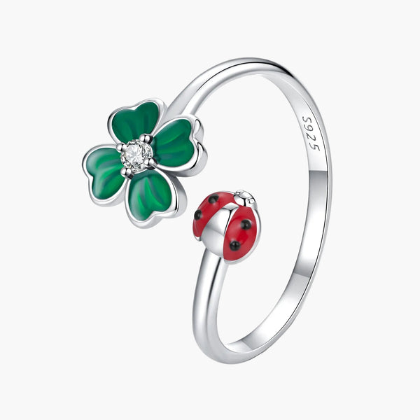 Silver Lucky Leaf Ladybug Ring in 925 Sterling Silver by Sylvory