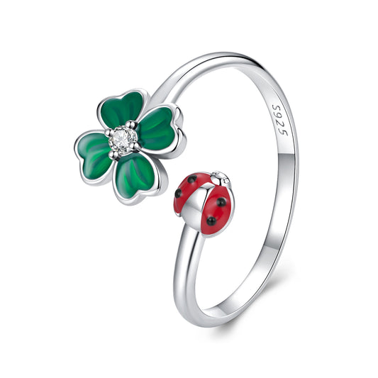 Sylvory 925 Sterling Silver Lucky Leaf Ladybug Ring