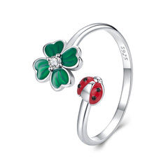 Sylvory 925 Sterling Silver Lucky Leaf Ladybug Ring