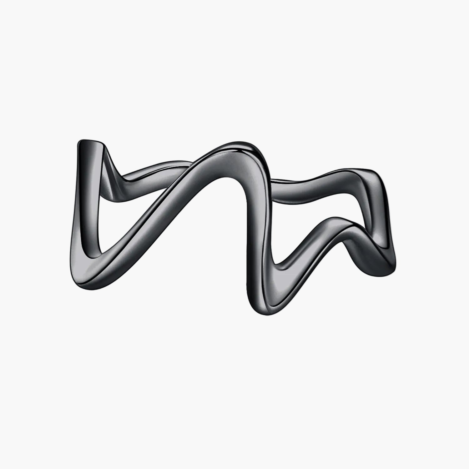 Silver ring with a wavy design on a white background