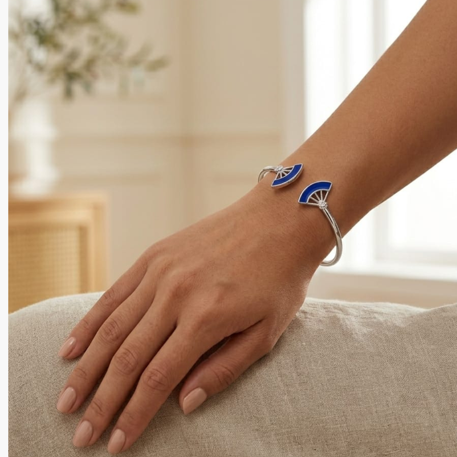 Silver Blue Enamel Floral Open Bangle Secondary image