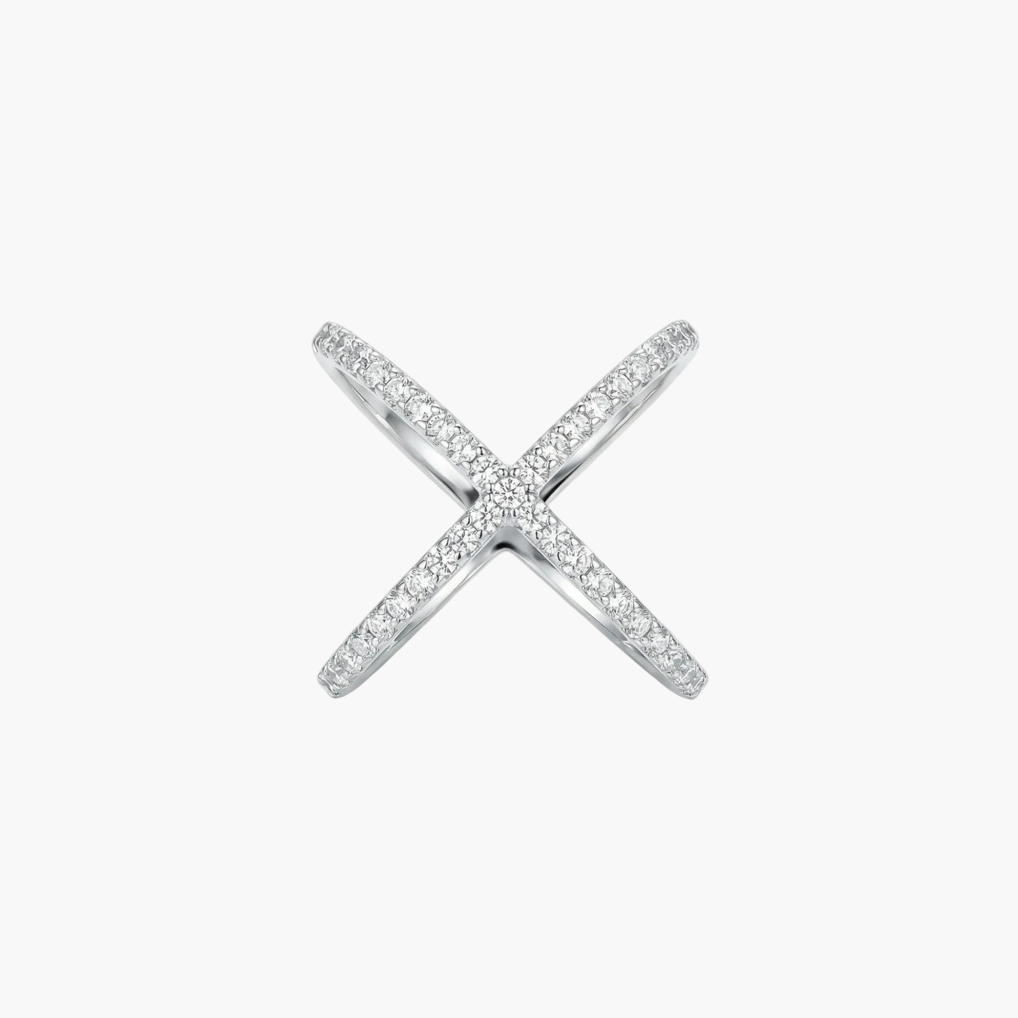 Silver 'X' shaped earring with clear stones on a white background