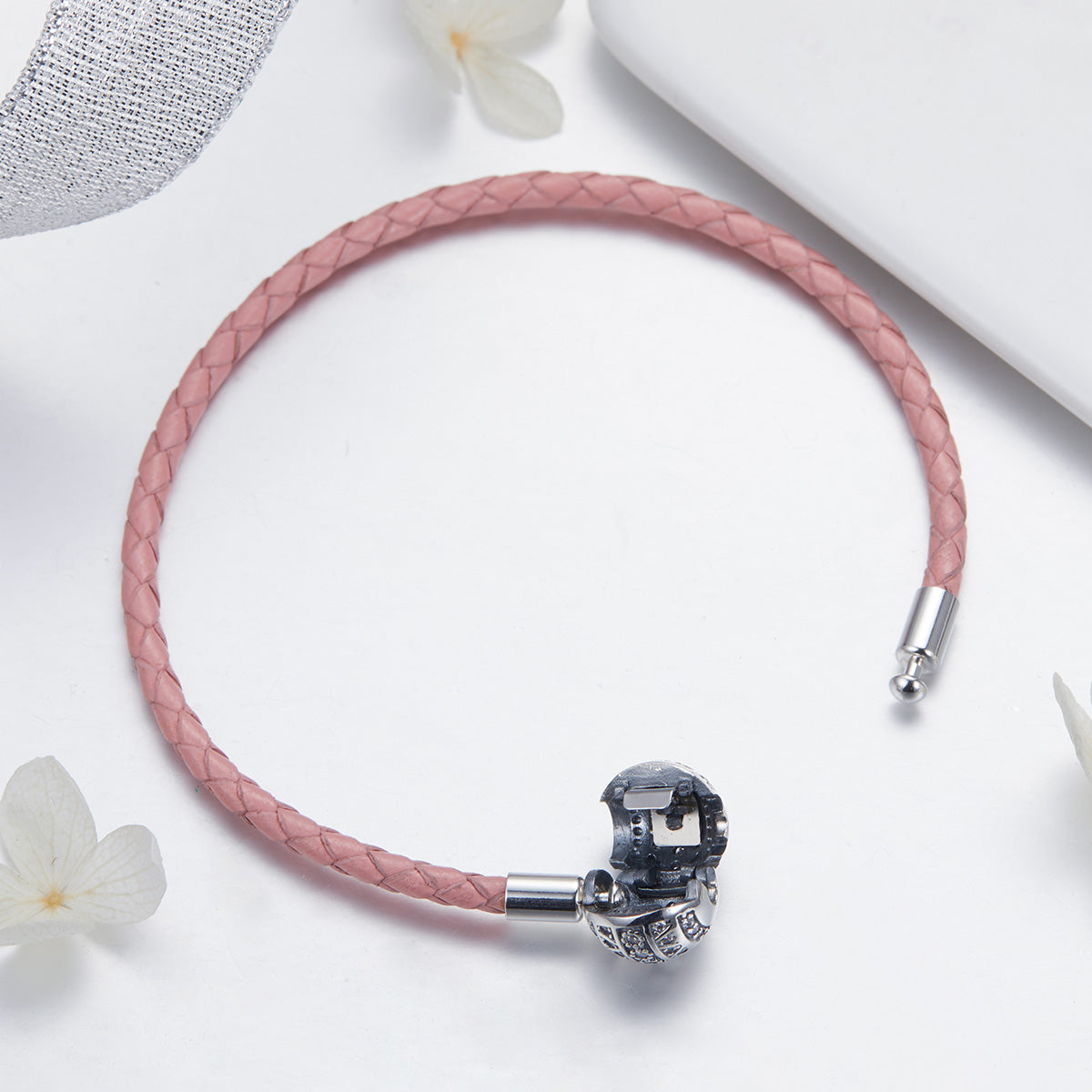 Sylvory 925 Sterling Silver Rose Leather Charm Keeper Bracelet